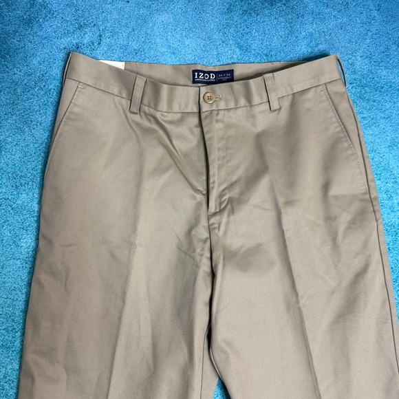IZOD American Chino Pants Tan 34x34 Flat Front Straight Fit Wrinkle Free NWT - Picture 2 of 16